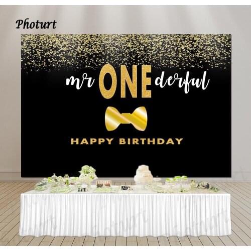 PHOTURT Mr Onederful Backdrop Boy 1st Birthday Party Photography Banner Golden Bow Glitter Black Photo Background Decorate Props