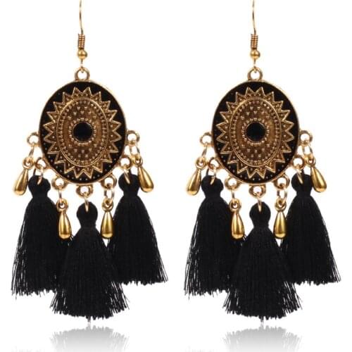 HC Vintage Big Round Enamel Drop Earrings Bohemian Tassel Beads Long Earrings Dangle Women Party Gifts Fashion Earring Jewelry F