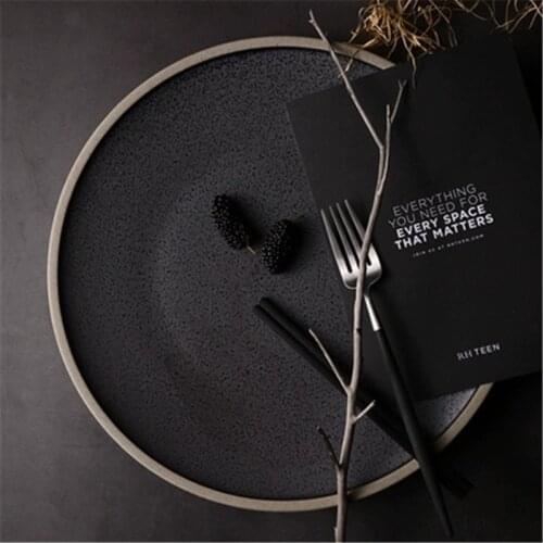 KINGLANG European Western Steak Plate Black Crystal Large Plate Ceramic Plate Dishes Household Dessert Round Plate