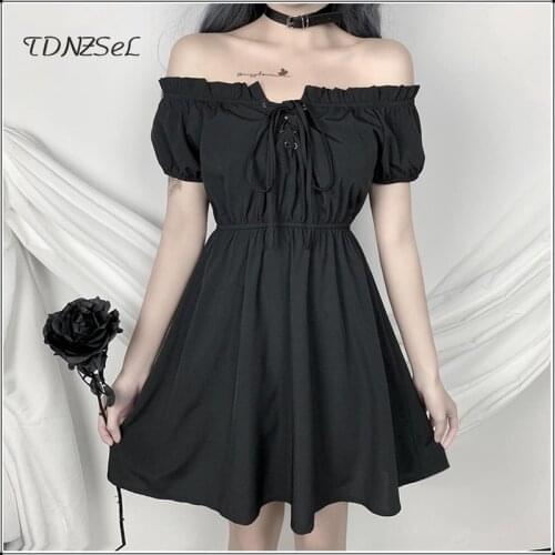 Summer Off Shoulder Short Sleeve A Line Dress Women 2020 New Sexy Black Loose Short Dresses Ladies Gothic Dress Vintage Vestidos