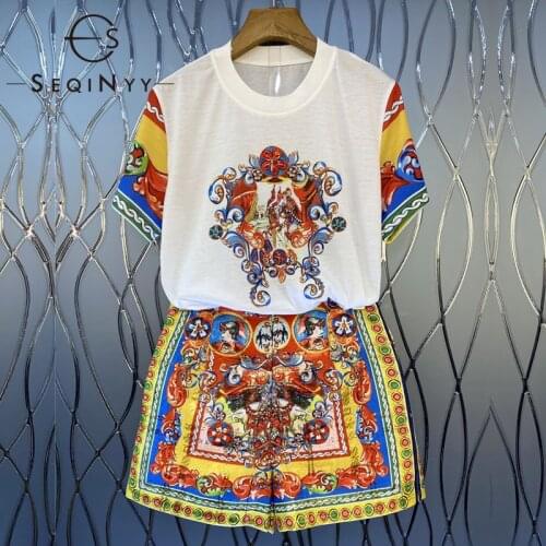 SEQINYY Summer Suit New Fashion Design Women Runway High Quality White Tee + Shorts Vintage Flowers Print Set
