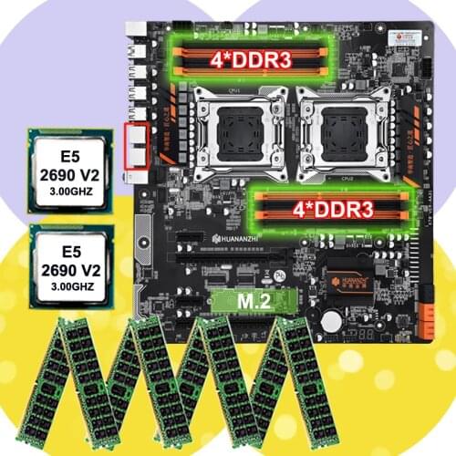 Discount motherboard bundle HUANANZHI dual X79 motherboard with 8 DDR3 DIMMs dual CPU Xeon E5 2690 V2 RAM 128G(8*16G) 1866 RECC