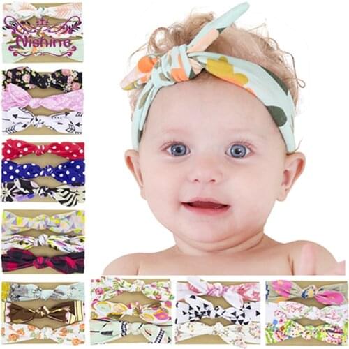 Nishine 3pcs/lot Fashion Handmade Knotted Dots Headband Colorful Flowers Pattern Bunny Ears Toddler Hairband Baby Print Headwear