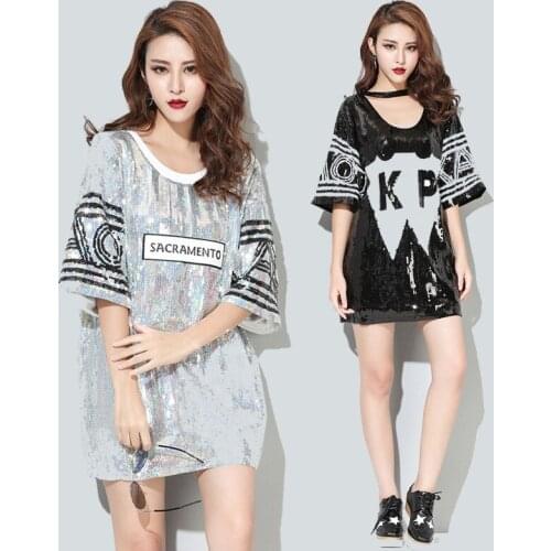 New Women Sexy Club Dresses of the nightclub dress stage DJ loose letter sequin embroidered short-sleeved dress female
