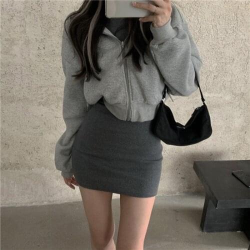 New Gray Women Sets Zipper Coats Knitted Sweater Dress Women Korean 2021 Loose Long-sleeved Short Jackets and Dress 2 Pieces Set