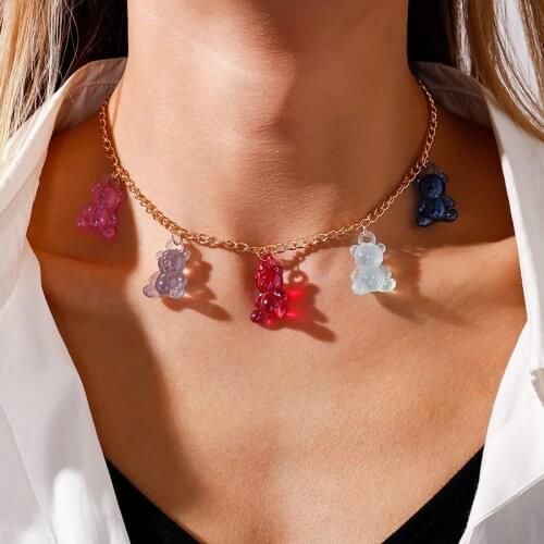 New Jelly Colors Bears Necklaces for Women Bears Tassel Cold Silver Color Chain Choker Necklace Fashion Jewelry Gifts