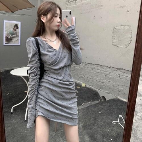 Dresses for Women Womens Autumn and Winter Pleated Slim Dress Vestido De Mujer Femme Robe