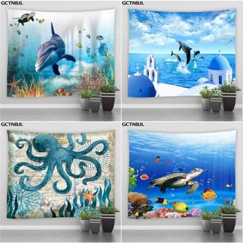 Undersea World Tapestry Wall Hanging Octopus Turtle Shark Dolphin Tapestries Living Room Bedroom Dorm Background Curtains Decor