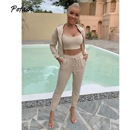 Pofash Solid Long Sleeves Autumn Outfits Women Zip Up Hoodie With Camisole And Pants Set Female Slim Casual 3 Pieces Set 2021