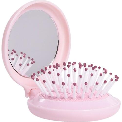 27RC Portable Round Mirror Hair Comb Folding Massage Hair Brush Mini Airbag Combs Travel Hairbrush Makeup