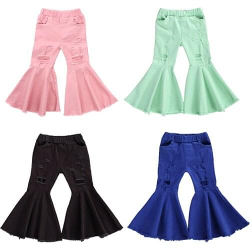 Pudcoco Toddler Ripped Trousers Baby Girl Elastic Waist Frayed Raw Hem Flared Pants Solid Color Bottoms 2-7 Years