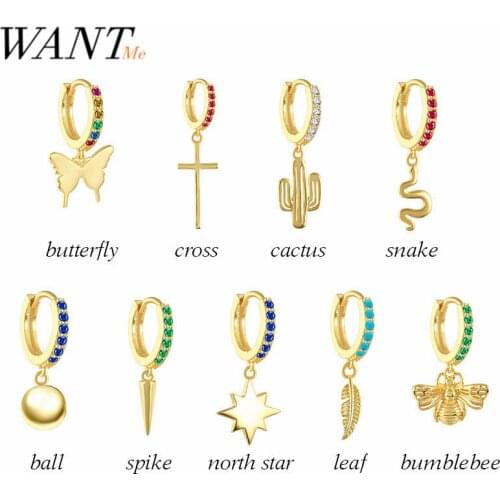 WANTME New Real 925 Sterling Silver Color Zircon Butterfly Cross Snake Ball Bee Star Leaf Stud Earrings for Women Hoop Jewelry