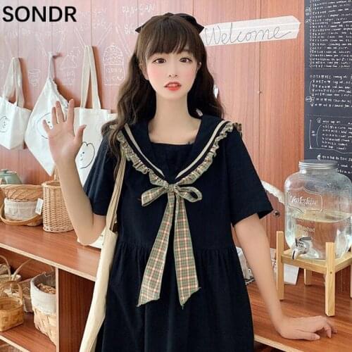 Japanese Sweet Girl Dress Lattice Splicing Navy Collar Bow Dresses Vestidos Simple Loose Short Sleeve Midi Sundress Women 2021