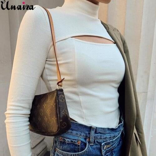 Unaiza Women Solid Color T-shirt Irregular Hollow High Neck Slim Long Sleeve Bottoming T-shirt Female Sexy High Collar T-shirt