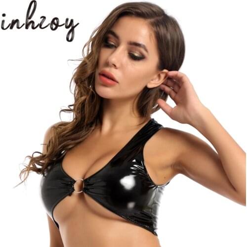 Womens Rave Clothes Pole Dance Top Wetlook Patent Leather Plunging Neckline O-ring Shiny Tank Top Clubwear Bar Stage Performance