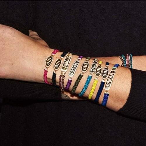 SOELLE Women 925 Sterling Silver Yellow Gold Color Letter OUI DREAM SMILE Black Fuchsia Yellow Blue Multicolor Macrame Bracelet