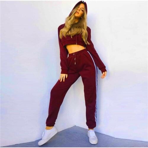Women Set 2 Pieces Tracksuit Pullover Hoodies Woman Clothes Sports Suits Print Crop Top+Side Stripe Pant Outfits