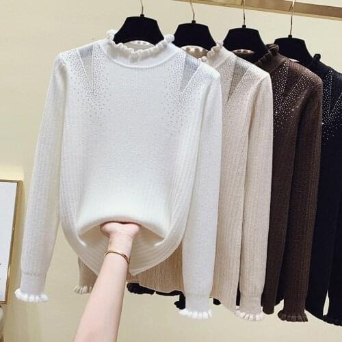 2021 New Womens Sweaters Autumn Winter Ruffled Mesh Knitted Sweater Solid Casual Female Long Sleeve Pullovers