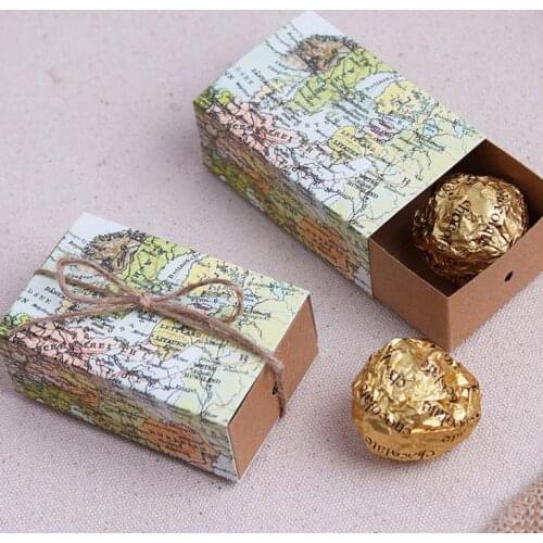 500 Pcs/lot Free Shipping World map Wedding Favor Candy Boxes Gift Box Sugar Candy Box with Burlap SN1250