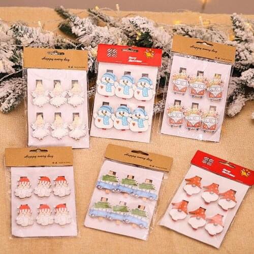 6pcs Creative Christmas Wooden Cartoon Santa Snowman Clip Memo Paper Clips Xmas Decoration for Home Clothespin Craft Photo Clips