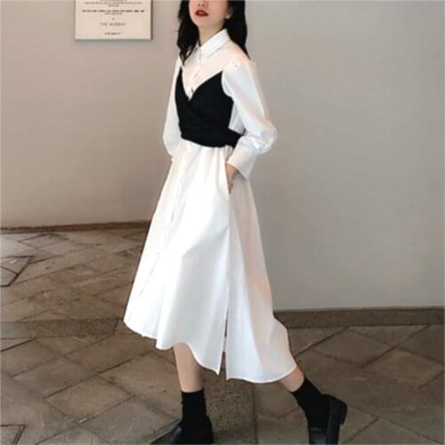 White Elegant Patchwork Dress Women Autumn Fake Two Piece Designer Split Midi Dress Female High Street Korean Dress Women Fad