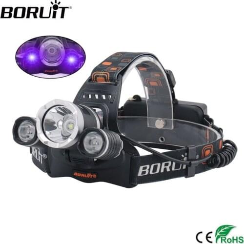 BORUiT RJ-3000 XM-L T6 +2* XPE UV LED Headlamp 3-Mode Violet Light Headlight USB Rechargeable 18650 Battery Head Torch
