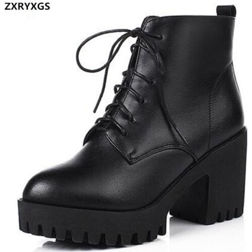 2020 New Cowhide Lace-up Side Zipper Black Shoes Autumn Boots Platform Heighten Shoes Winter Warm Cotton Boots Women Snow Boots