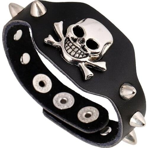 Skull Pirate Accessory Wrap Black Genuine Leather Punk Bracelets For Men Women Adjustable Bracelets Pulseras Mujer