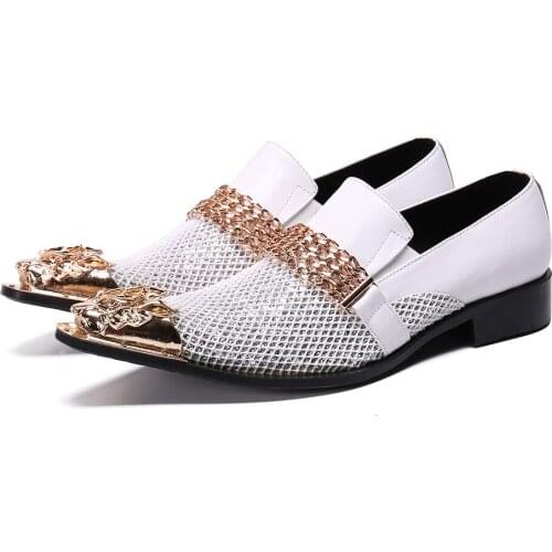 Christia Bella Fashion British Style Plus Size Bullock Carved Pointed Toe Male Party Shoes White Real Leather Grid Mens Shoes