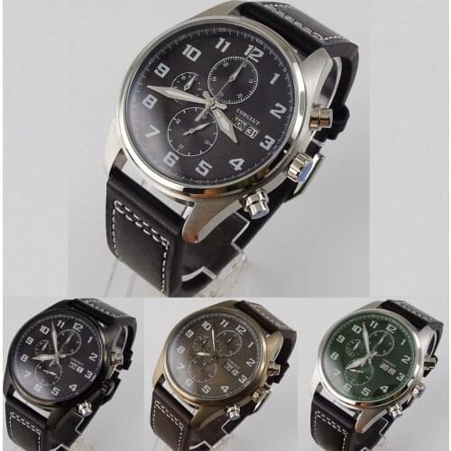 Corgeut 42mm Mens Quartz Watch Chronograph Week Date Display Stop Watch Silver/Bronze/Black Plated Leather Strap Brushed Case