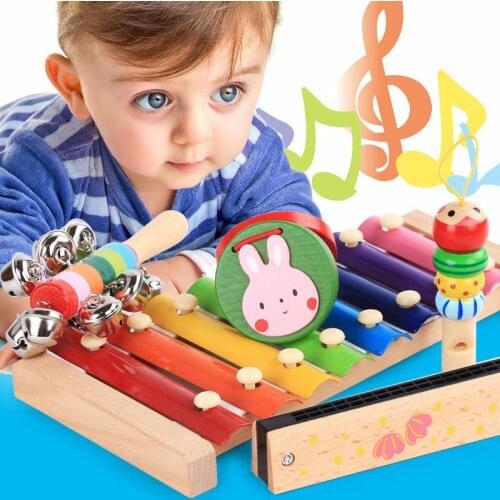 Wooden Early Education Six-piece Set of Multiple Learning and Fun Teaching Aids Puzzle Brain Cartoon Whistle Toy