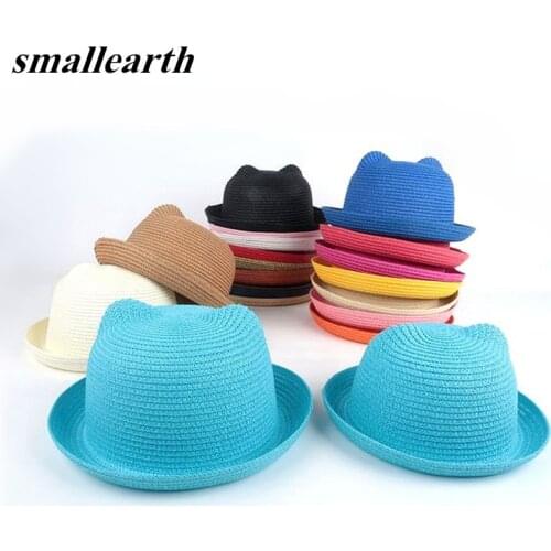 Parent-child Straw Hat Kids Cartoon Ear Cap Summer Travel Baby Girl Boy Parent Picnic Camping Sun Cap Women Men Beach Panama Hat