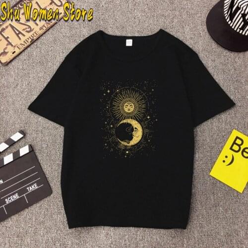 Vintage Printed T Shirt Women Sun Moon Star Graphic T-shirt Harajuku Tops Tee Short Sleeve Loose Tshirt Female Tshirts