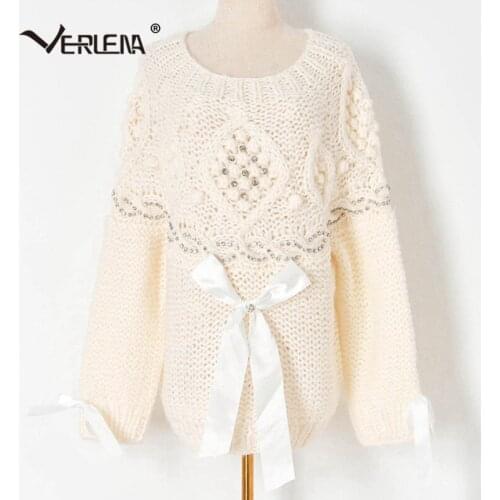 Korean Fashion Bow Tie Diamond Sweet Jumper Women Pullovers Autumn Winter Thick Warm White Sweater Verlena 2021 Long Sleeve Tops