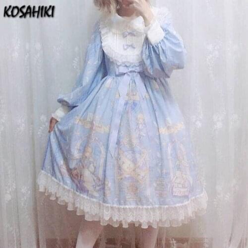 KOSAHIKI Lolita Sweet Print Women Dresses Japanese Kawaii Ruffled Lantern Sleeve Party Vestidos High Waist Princess Ropa Mujer
