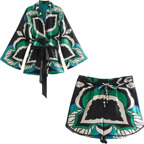 Bermuda Shorts Suit Woman Summer 2021 Green Print High Waist Short Pants Women Vintage Loose Casual Streetwear Shorts Sets