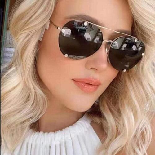 Round metal sunglasses women double bar with crystal stone