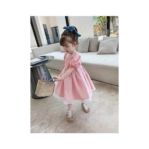 2021 New Summer Girls Skirt Bubble Sleeve Mesh Sweet Princess Dress