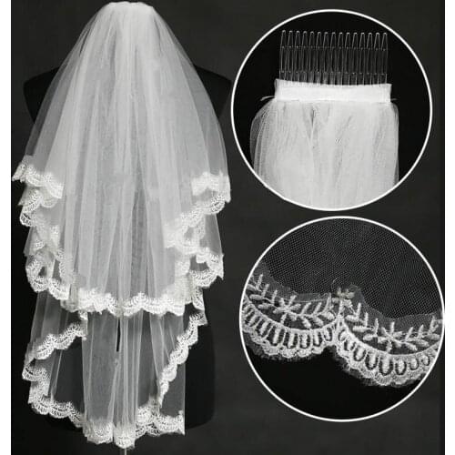 Hot sales New 2T Layer Elbow length Lace Edge white ivory Beads wedding bridal accessories veil with comb