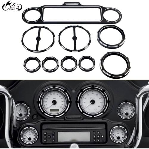 Motorcycle Black Stereo Accent+Speedometer+Speaker Trim Ring 9pcs Kits For Harley Touring Electra Street Road Glide 1996-2013