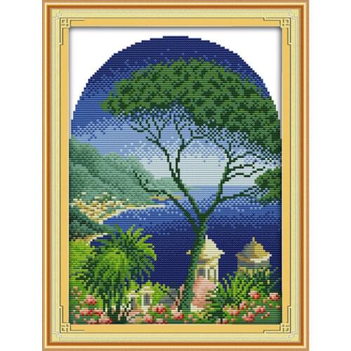 The evergreen tree cross stitch kit lanscape garden 14ct 11ct count printed canvas stitching embroidery DIY handmade needlework