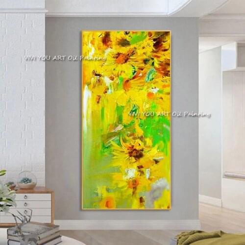 The Nature Sunflower Flower Handmade Modern Abstract Thick Oil Painting On Canvas Knife Color Painting Wall Art Decor Unframed