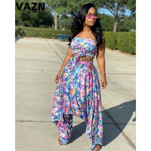 VAZN New 2020 Sexy Strapless Sleeveless Two Piece Set Solid Bodycon 2 Piece Set Women Crop Top And Long Pants Summer Autumn Sets