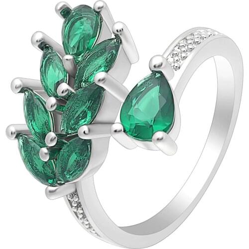 UFOORO wedding rings Green leaf shape full AAA zircon Unique Opening design fashion jewelry wedding engagement rings for women