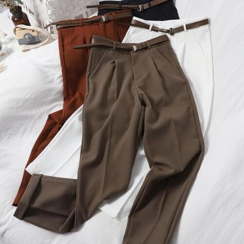 Crimping Straight Suit Pants 2021 Autumn Women High Waist Casual Trousers Office Ladies Work Ankle-Length Harem Pants With Belt