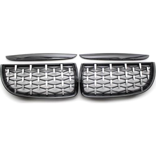 Pair Front Kidney Gloss Black Grill Diamond Chrome Grille Fits BMW E90 05-08 4DR