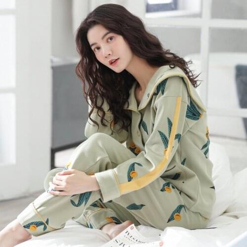 Pajamas Womens Autumn Cotton Long Sleeve Pants Spring and Autumn Sweet Chest Lapel Middle-aged Womens Cotton Home Service Suit