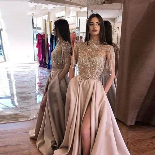 Dubai Arabic Blush Evening Dress 2020 Two Way Wear Side Split Pockets Handmade Beads Sequined Tassel Formal Prom Party Gown Real