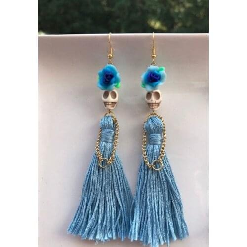 Skulls with Light Blue Tassels Dangle Earrings,gothic Skull , Skull Drop Earrings,Women New Fashion,day of The Dead Jewelry