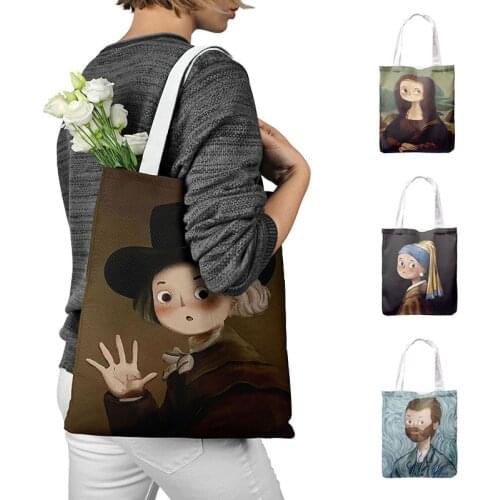 Fun Character Women Handbag Spoof Mona Lisa Retro Art Canvas Bag Casual Travel Shopping Bag High Quality Reusable Shoulder Bag